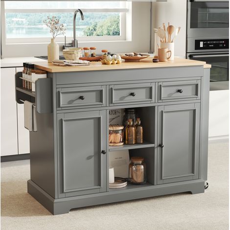 MEUBLIV Isola da cucina con ruote grigia con piano estensibile e vani contenitori (1/5)