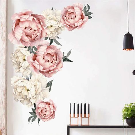 Pegatinas de pared extraíbles, pegatinas de pared impermeables con diseño de peonías y rosas, decoración de pared para sala de estar, dormitorio, esquina, fondo de TV.