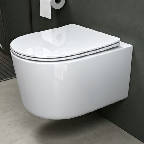 Mai & Mai Hänge WC Toilette Wand-WC Spülrandlos Weiß aus Keramik Wandmontage mit Absenkautomatik Aachen306