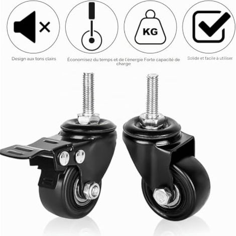 Lot de 4 Roulettes M8 Pour Meubles Lourds - Pivotantes Filetées en Caoutchouc - Pour Fauteuil d'Extérieur - 2 Avec Frein et 2 Sans (1/3)
