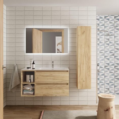 Cygnus Bath – Meuble de salle de bain 90cm chêne – Vasque en porcelaine blanche résistante aux rayures – Tiroirs à fermeture amortie – Finition gris onix (1/5)