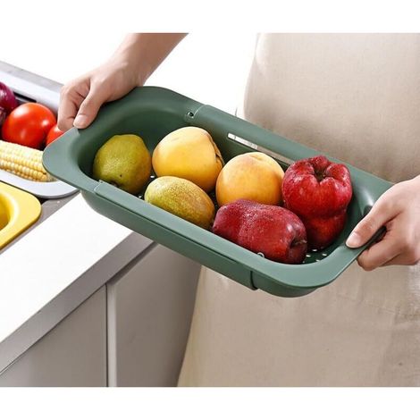 Passoire de cuisine pliable et extensible, à poser sur l'évier, en silicone, portable et réglable, pour laver fruits, légumes et nouilles (vert) (1/4)