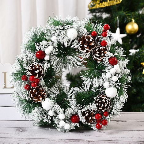 30 cm großer Weihnachtskranz, künstliche Tannennadeln, Türdekoration, Schleife und Lichterkette für die Weihnachtsfeier (1/4)