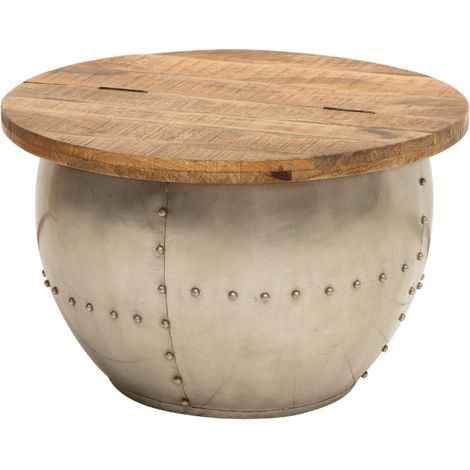 Runder Couchtisch ORVIK 68 cm aus massivem Mangoholz und Metall - Aufbewahrungstruhe