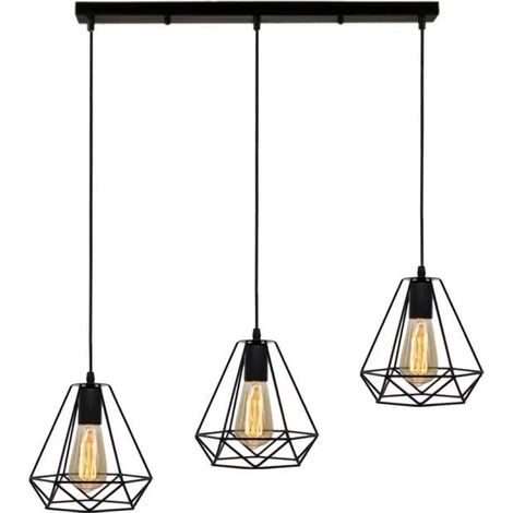 Lustre Suspension Contemporain 3 Luminaire Lustre Lampe Cage Diamant en Fer Noir pour Cuisine Salon (1/3)