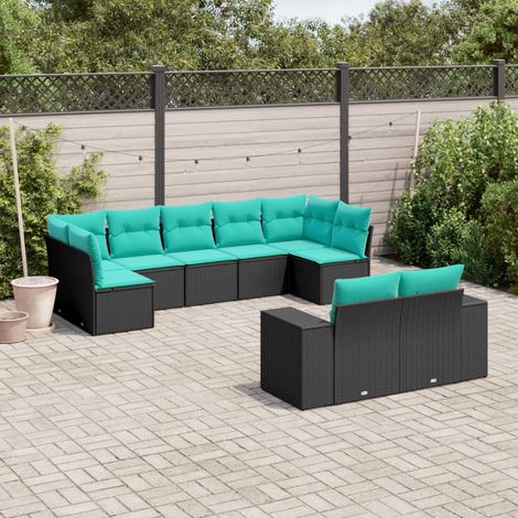 9-teiliges Gartensofa-Set mit Kissen, schwarzes Polyrattan (1/5)