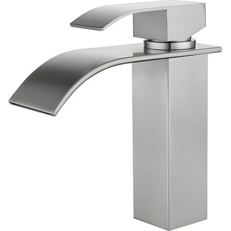 Wasserfall-Waschtischarmatur aus Edelstahl 304, Einlochmontage, Griff zur Öffnung von oben, silberfarben.
