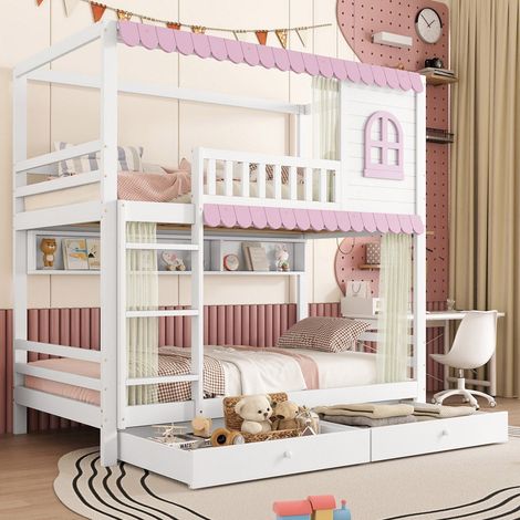Lit superposé 90x200 cm avec fenêtres et rideaux, barrières anti‑chute, étagères ouvertes et 2 tiroirs à roulettes – blanc & rose (1/5)