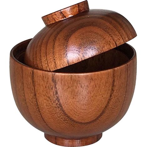 Bol en bois marron avec couvercle, compatible avec un usage domestique et robuste pour le service des aliments. (1/4)