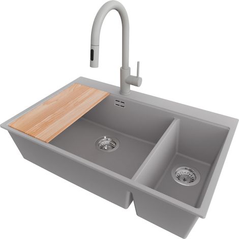 PRIMAGRAN Evier Cuisine en Granit 78x50cm, Lavabo 2 bacs + Robinet 40x20cm + Kit de Vidage + Accessoire, Évier à Encastrer au meuble 80cm - Oslo Duo, Gris (1/5)