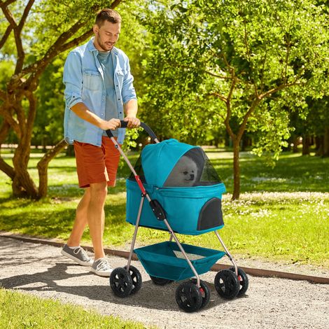 Poussette 3 en 1 pour animaux de compagnie, poussette pliable pour chien et chat avec 4 roues et panier amovible, turquoise