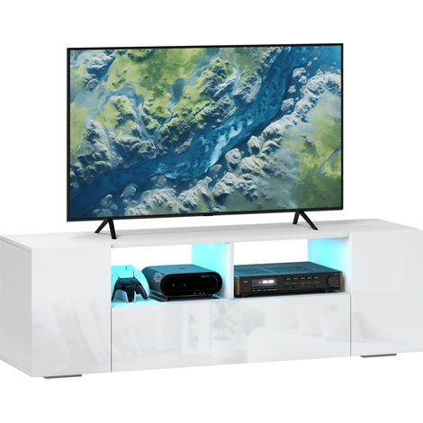 Mobile porta TV, panca porta TV, mobile TV, fino a 60 pollici, con luci a LED, 2 ripiani e ante, pannello frontale lucido, 137 x 35 x 42 cm, bianco