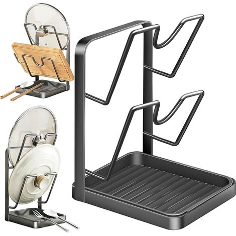 Aufbewahrungsgestell für Topfdeckel, multifunktionaler Deckelhalter mit herausnehmbarer Tropfschale, doppellagiges Ablagefach aus Edelstahl, das während des Kochens auch als Löffelablage dient. (1/5)