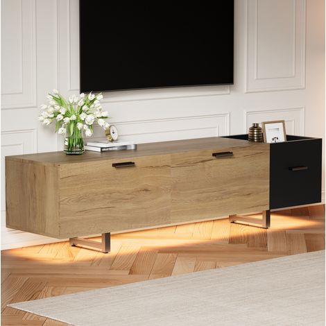 Mueble para TV de madera de ingeniería negro y tono madera 180x38x49 cm, con 4 cajones, huecos abiertos y luz LED (1/5)