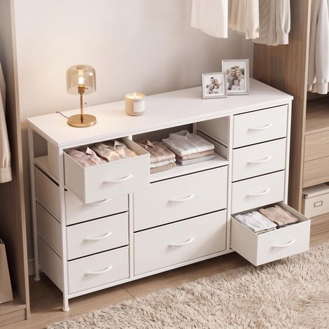 GARVEE - Meuble TV Commode à 8 Tiroirs Tissu et Étagères Ouvertes 11075,530 cm, Commode Rangement Blanche Salon Blanc (1/5)