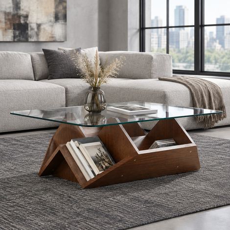 Couchtisch mit Glasplatte und offenen Fächern, 103 x 63 x 33,5 cm, MDF in Walnussoptik REDOM (1/5)