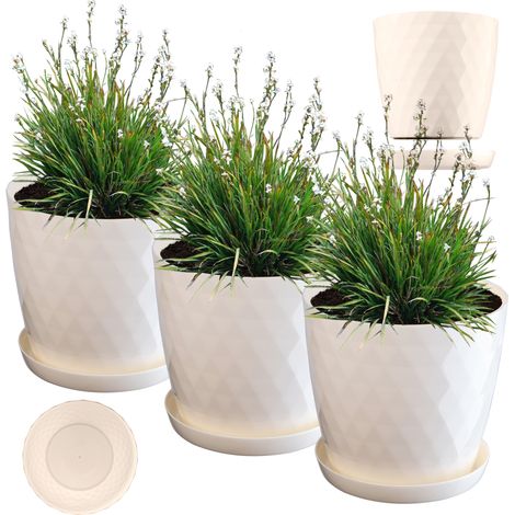 KADAX Blumentopf mit Untersetzer, Topf für Blumen, Rund, 20 cm, Creme, 3 Stück