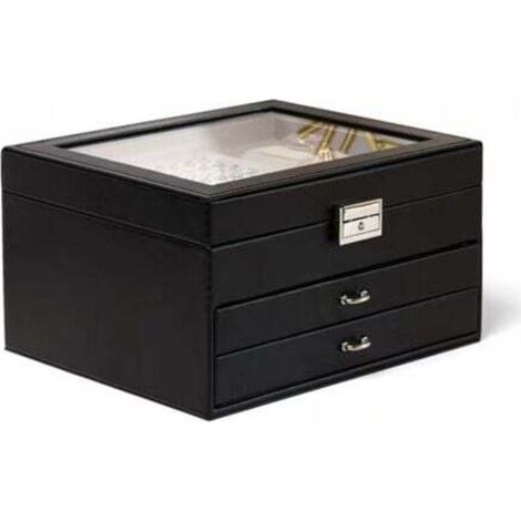 (Black) 3-Layer Leather Jewelry Storage Box, Ring and Earring Storage Box