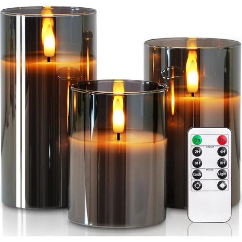 Set de lumanari fara flacara din sticla gri fumuriu cu telecomanda alimentate baterii LED-uri palpaitoare Φ cm / H 3 7.5 10 12 15 (1/5)