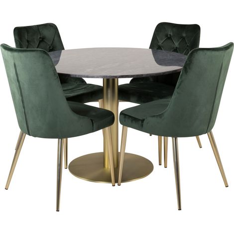 EstelleØ106BLBR Essgruppe Esstisch schwarz, Marmor und 4 Velvet Deluxe Esszimmerstühle Velour grün, Messing dekor.
