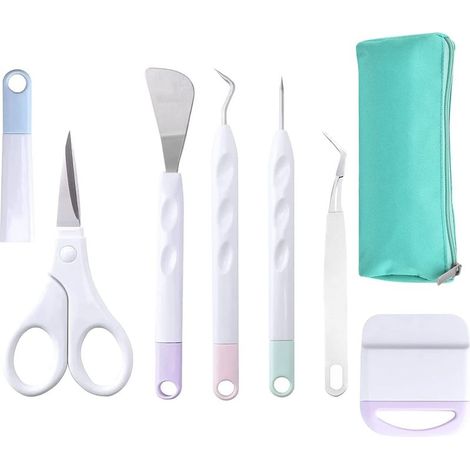 7 pièces Outils de désherbage, pince à épiler fine, pince à crochet, outil de perforation, grattoir, sac en tissu, pour vinyle et scrapbooking (1/5)