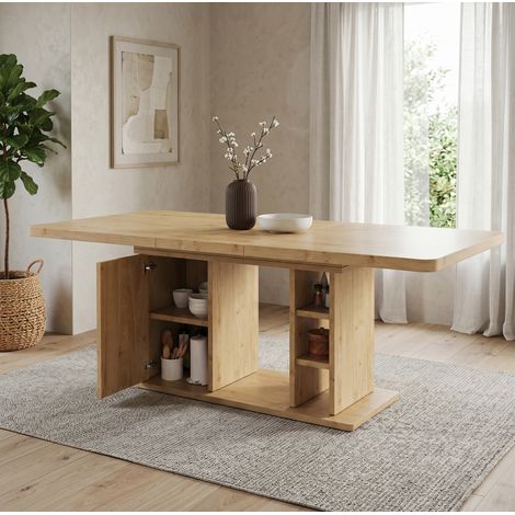 Ausziehbarer Esstisch mit Stauraum, 3 cm dicke MDF Tischplatte, Eichenfarbe (1/5)