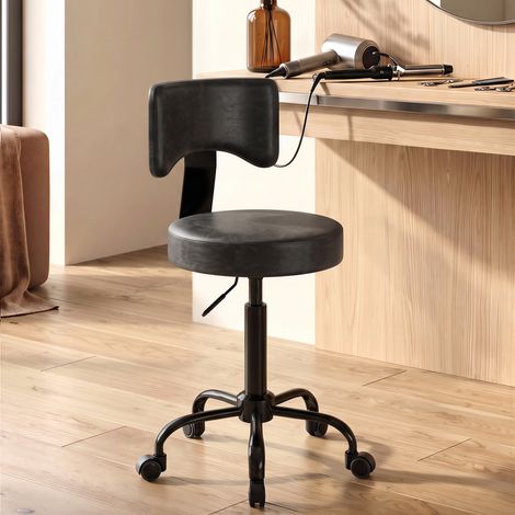 Tabouret à Roulettes, Hauteur Réglable 72-87,5cm, Tabouret de Massage Assise et Dossier Rembourrés, Pivotant 360°, Noir (1/5)