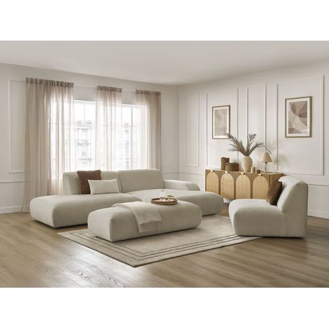 BOBOCHIC - Canapé d'angle fixe modulable SIRIUS tissu texturé avec 1 chauffeuse et grand pouf Angle droit Beige (1/5)