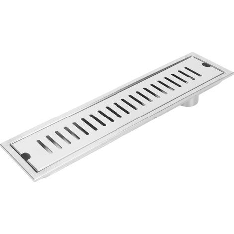 Siphon de sol rectangulaire en acier inoxydable de 40 cm, à grande capacité et anti-odeurs, pour évacuation latérale de salle de bain. (1/5)