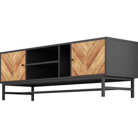 TV-Möbel 150 cm in Schwarz und Holzoptik mit 2 Türen, offenen Fächern und Eisenrahmen (1/5)