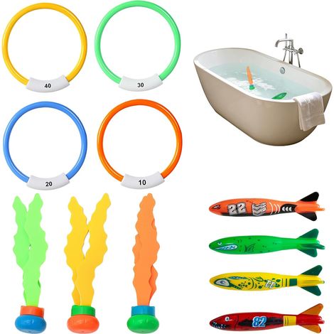 Set di 11 giocattoli subacquei per piscina – Set di gioco per bambini dai 3 ai 12 anni – Anelli da immersione, bastoncini, giocattoli a forma di alghe e siluri – Divertenti accessori per l'allenamento (1/5)