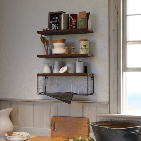 3-Piece Dark Brown Wall-Mounted Wooden Bathroom Storage Rack 40cm W x 15cm D x 1.5cm H