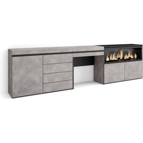 Skraut Home - Tocador, Dormitorio habitación, 284x75x35 cm, Con cajón, Chimenea eléctrica XXL, Cómoda, Cajonera, Estilo Moderno, Gris Cemento (1/5)