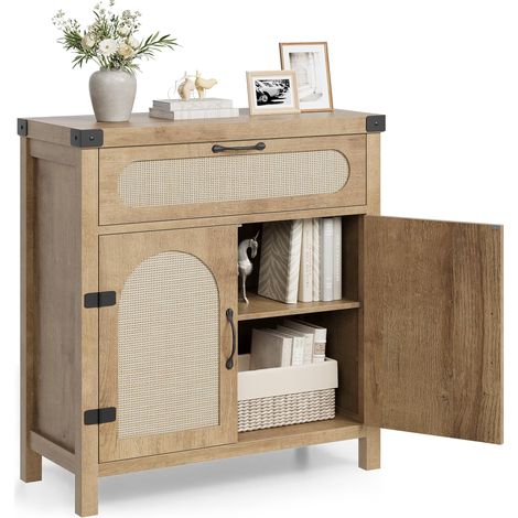 Buffet entrée moderne bois naturel, portes rotin synthétique et tiroir (1/5)