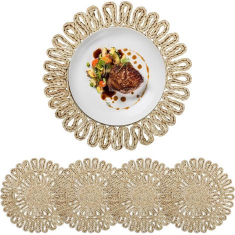 APEX Ensemble de quatre sets de table tissés à motif de maïs, 30 cm, avec bords tissés antidérapants, lavables, style bohème champêtre. (1/5)