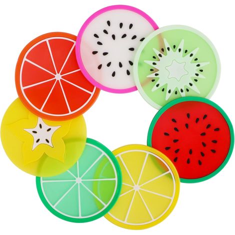 Dessous de verre, sous-verres ronds en silicone café thé ensemble de 7, fruits image nouveaux tapis de table et pieds de sous-verre ensemble meubles napperons (1/5)