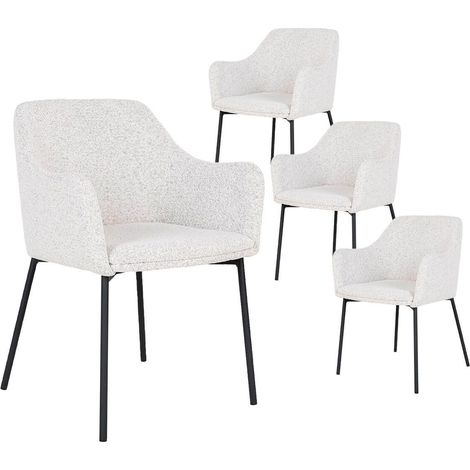 LOANA - Lot de 4 Fauteuils de Table Tissu Bouclé Blanc Chiné Pieds Métal Noir (1/5)
