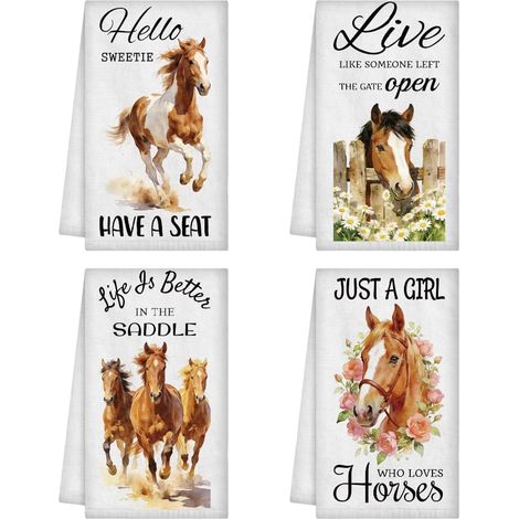 4 Styles Chevaux Western Torchons de Cuisine, Cadeaux Chevaux Cool pour Femmes Hommes Torchon à Vaisselle Torchon à Thé Réutilisables Torchons à Main Décoratifs Doux 40x60cm pour Salle de Bain (1/5)