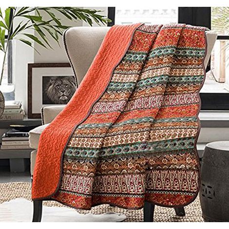 Couvre-lit bohème pour lit Simple 100% Coton, Couvre-lit matelassé coloré à Rayures bohèmes réversibles et légères, Couverture de lit Vintage pour canapé et Sofa, Orange (1/5)