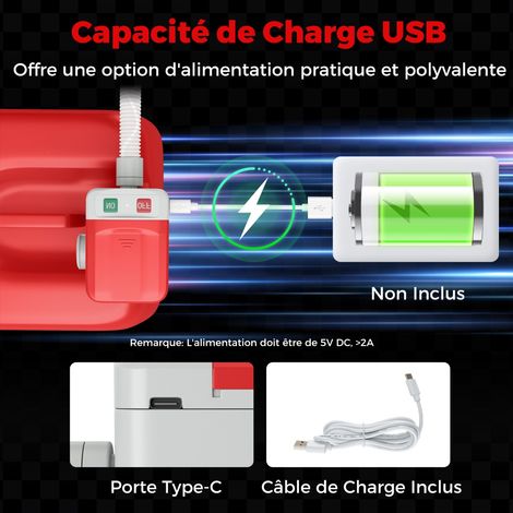 Pompe de Transfert de Carburant Alimentée par USB et Batterie avec Débit de 12 LPM Tuyau de 130 cm et 3 Adaptateurs pour Essence Diesel