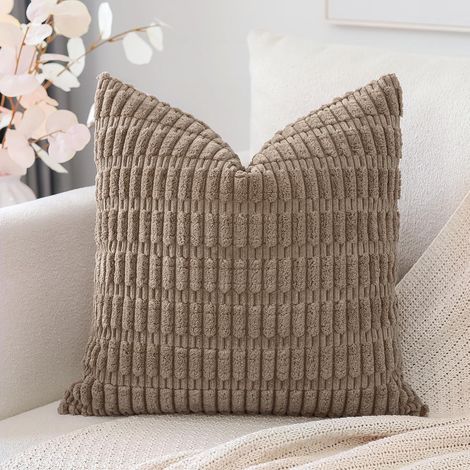 Quadratischer Cord-Kissenbezug, 40 x 40 cm, ultraweich, mit Bohemian-Streifen. Ideal für Sofa, Sessel, Schlafzimmer oder Auto. Farbe: braun. (1/4)