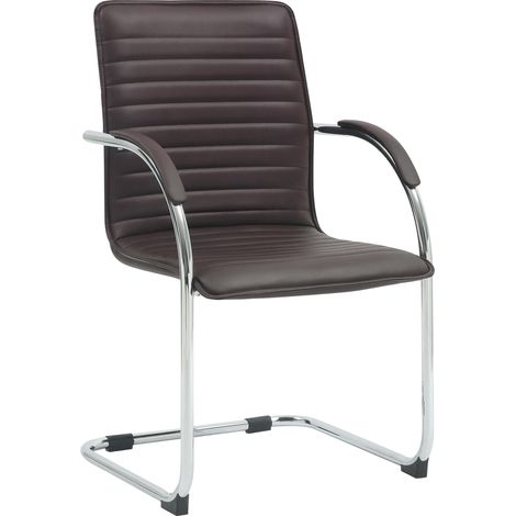 Chaise visiteur de bureau avec accoudoirs rembourrée en simili cuir marron avec piètement luge métallique 100008501