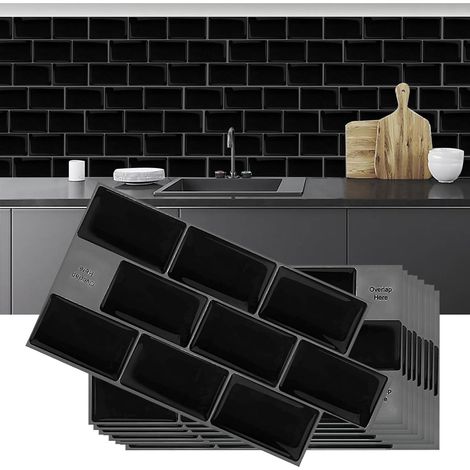 Adhesive pour Cuisine, 10 Pièces Carrelage Adhesif Mural, 3D Stickers Carrelage, Dalle pvc Adhesive Murale, Carreaux Adhesif pour Salle de Bain, Cuisine, 30,5 x 15,3 cm (Noir) (1/5)