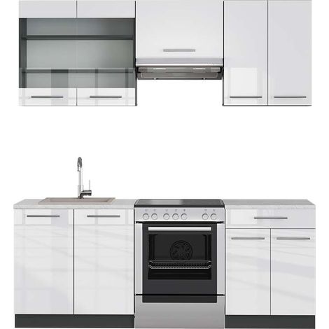 Cuisine Fame-Line, Blanc brillant/Anthracite, 200 cm , PT Marbre, Vicco