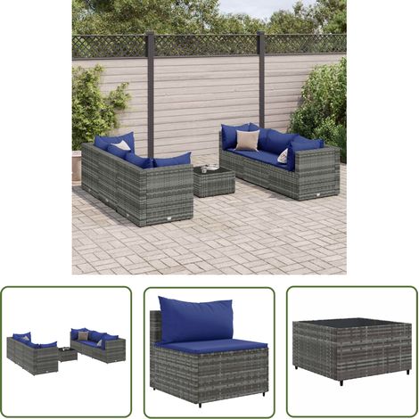 The Living Store Salon de jardin 7 pcs avec coussins Gris Résine tressée - Salon De Jardin - Meuble De Jardin - Set De Salon - Résine Tressée - Rotin Synthétique (1/5)