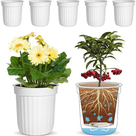 Lot de 6 Pots à fleurs, réserve d'eau intégrée, plastique haute densité, conception trous multiples, intérieur extérieur (1/5)
