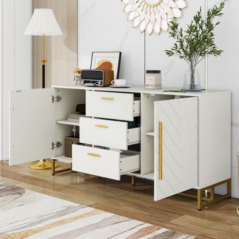 Buffet bas de cuisine, meuble avec 2 portes et 3 tiroirs, étagères réglables, poignées dorées, 145×40×75cm, MDF, blanc (1/5)