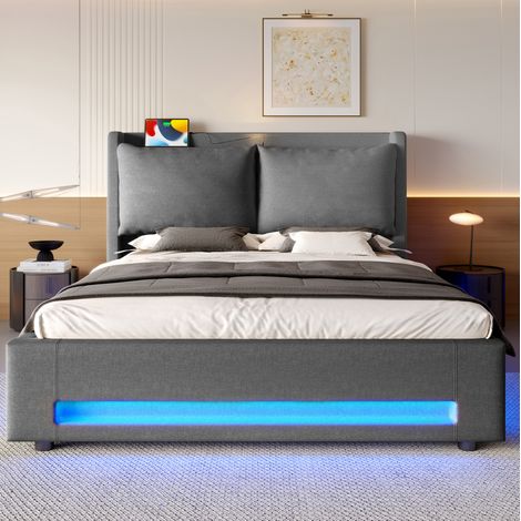 Bett 140x200 Bettgestell Stauraum Leinen Dunkelgrau OKMYHOME (1/5)