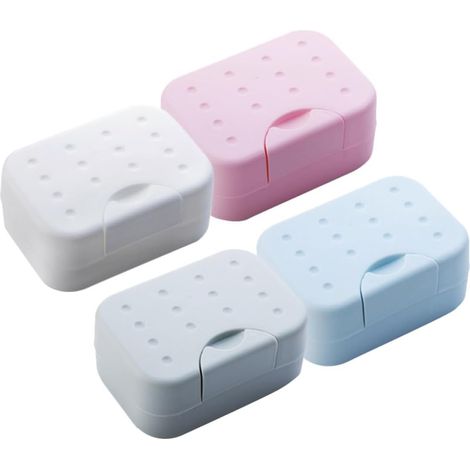 Lot 4 boîtes à savon de voyage avec couvercle, étanches, pour le camping, la salle de bain et les voyages (bleu, blanc, rose, gris) (1/5)