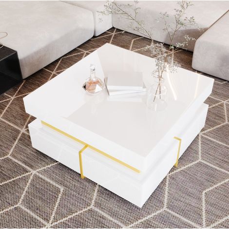 Mesa de centro 70x70x35.5 cm blanca en tablero de partículas con acabado brillante, 2 cajones y detalles dorados (1/5)